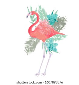 Vector illustration of pink flamingo bird with blue orchid flower, bamboo leaves, areca palm.