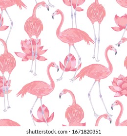 Vector illustration of pink flamingo bird with pink lotus flowers and leaves. Romantic pink seamless pattern.