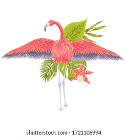 Vector illustration of pink flamingo bird with spread wings, with pink orchid flower, bamboo leaves, fhilodendron, areca palm.