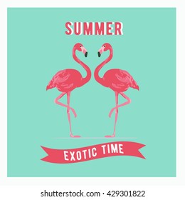 Vector illustration pink flamingo couple. Exotic bird. Summer postcard. Summer logo vector. Cool flamingo decorative flat design element.