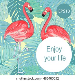 Vector illustration pink flamingo couple. Exotic bird. Cool  decorative flamingo.  Elements for fabric prints, invitations, wallpapers, card, T-shirt prints, wallpaper, postcards, flyers, web design.