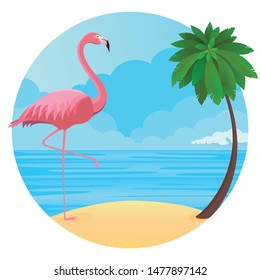 Vector illustration - Pink flamingo, palm, sand, ocean on background. Tropical bird, clouds sky.