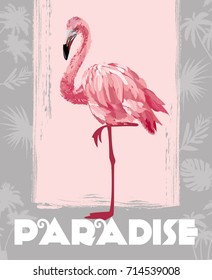 Vector illustration pink flamingo. Paradise. Summer postcard in the vector.