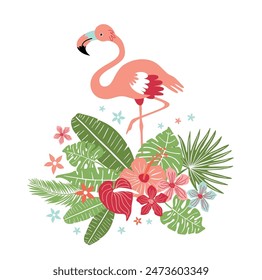 Vector illustration with pink flamingo and tropical plants, template for banners, cards, invitation cards, sales portcard t-shirt