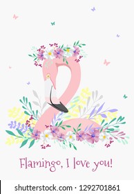 vector illustration of pink Flamingo,greeting card,