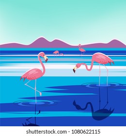 Vector illustration of pink flamingos in the lake at sunset, isolated