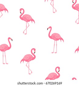 Vector illustration of pink flamingos. Seamless pattern. Exotic tropical bird. 