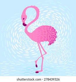 vector illustration of pink flamingos at sunset