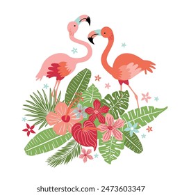 Vector illustration with pink flamingos and tropical plants, template for banners, cards, invitation cards, sales portcard t-shirt