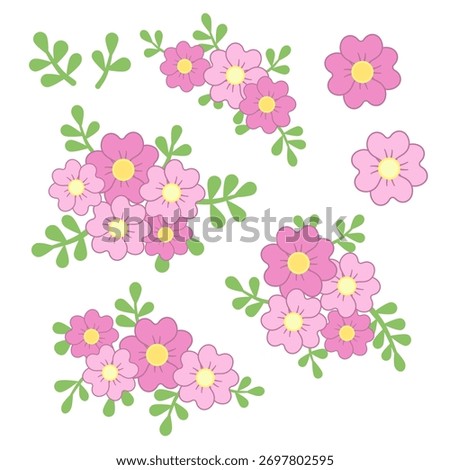 Vector illustration of pink flower clusters with green leaves in simple and charming style perfect for decorative design and creative projects