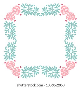 Vector illustration pink flower frame with light blue leaf hand drawn