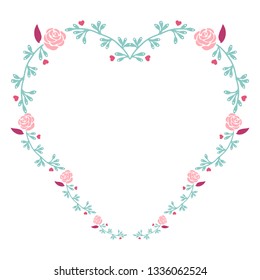 Vector illustration pink flower frame with light blue leaf hand drawn