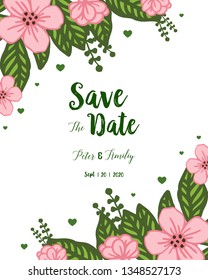 Vector illustration pink flower frame and decorative leaves with backdrop to save the date hand drawn