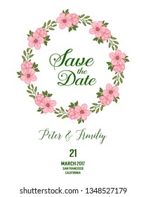 Vector illustration pink flower frame and decorative leaves with backdrop to save the date hand drawn