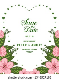 Vector illustration pink flower frame and decorative leaves with backdrop to save the date hand drawn