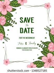 Vector illustration pink flower frame isolated white background with wedding invitation design cards hand drawn