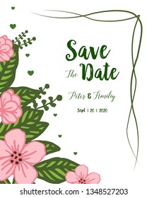 Vector illustration pink flower frame isolated white background with wedding invitation design cards hand drawn