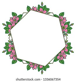 Vector illustration pink flower frames blooms with green leaves hand drawn