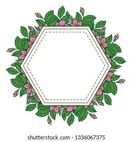 Vector illustration pink flower frames blooms with green leaves hand drawn