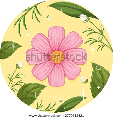 Vector illustration of a pink flower with green leaves on a bright yellow circle.