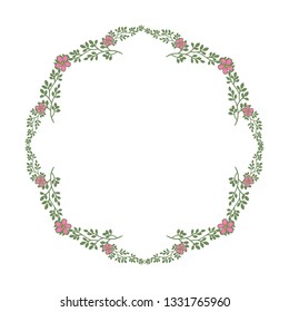 Vector illustration pink flower with leaves arranged in frame hand drawn