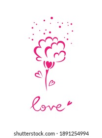 Vector illustration. Pink flower lettering love. The background is white. For postcards, logos, fabrics, wallpaper, notebooks, diaries, brochures, books, catalogs, backgrounds, covers, banners etc.