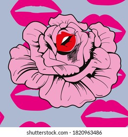 vector illustration of a pink flower with lips sticking out from inside it on a continuous swot of lips.