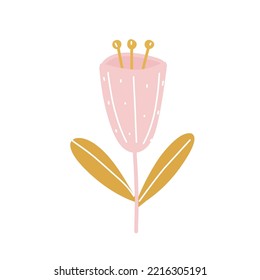 Vector illustration pink flower on a stem with leaves in flat style for stickers, banner, card, print