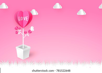 Vector illustration of pink flower pot have a love letter on a pink background with cloud and grass below, with paper style.