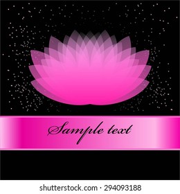 Vector illustration of Pink flower and pink ribbon on a black background with sparkles.