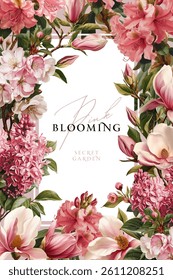 Vector illustration with with pink flowering branches isolated on a changeable background. Floral design template for wedding invitation, greeting card, notebook cover, flyer or banner.