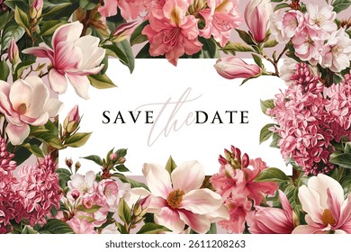 Vector illustration with with pink flowering branches isolated on a changeable background. Vintage floral design template for a greeting card, flyer or certificate.