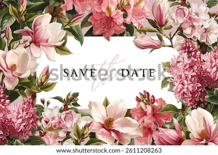 Vector illustration with with pink flowering branches isolated on a changeable background. Vintage floral design template for a greeting card, flyer or certificate.