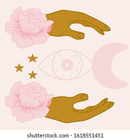 vector illustration with pink flowers and celestials and golden hands, perfect to use on the web or in print