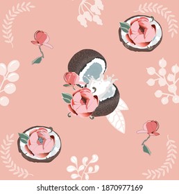 Vektorgrafik mit rosafarbenen Blumen und Kokosnuss auf rosafarbenem Hintergrund