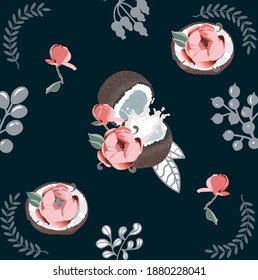 Vector illustration with pink flowers and coconut on the blue background