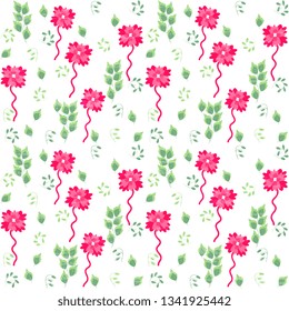 Vector illustration with pink flowers and green leaves on a white background, artistic. Summer design.