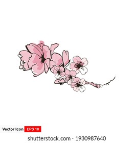 Ilustración vectorial de flores rosadas aisladas en fondo blanco. Elemento floral de primavera para las necesidades de diseño de tarjetas. Melocotones en flor, flores de albaricoque, flores de cerezo o flores de cerezo. Icono del vector. 
