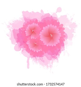 Vector illustration. Pink flowers on a background of splashes of paint. Abstract background. Can be used for posters and banners as the main element of the composition