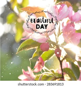 Vector illustration of pink flowers on a branch. Sunlight penetrating flowering tree. Beautiful day.