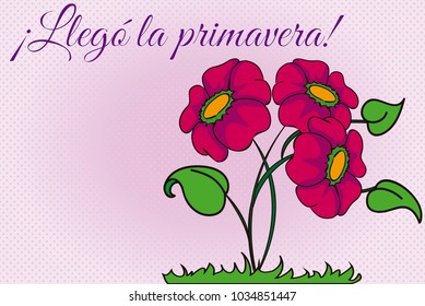 Vector illustration of pink flowers over a pink polka dot background with a sign in Spanish that means Spring arrived
