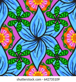 Vector illustration of pink flowers. Seamless pattern with flowers on motley background.