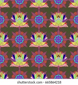 Vector illustration of pink flowers. Seamless pattern with flowers on motley background.