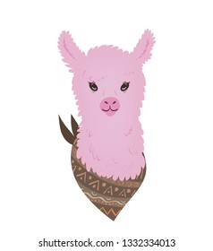 Vector illustration of a pink fluffy llama full face, which has a brown bandana  at neck with a pattern.