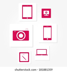 vector illustration of pink gadgets icons on white background