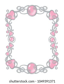 Vector illustration of pink gemstones and silver frame in fantasy style, for cards, decoration and wedding, isolated on white