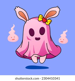 Vector illustration of pink ghost rabbit in cute cartoon style