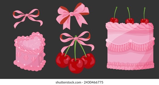 Vector Illustration of pink girly vintage bows, bento cake, vintage lambeth cake and cherry. Cute bento lambeth cake. Girly coquette aesthetic.