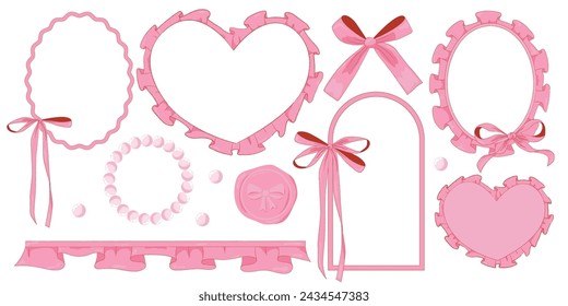 Vector Illustration of pink girly vintage bow and frame ribbon beads and wax seal stamp set. Ribbons isolated. Trendy coquette girls accessories. 