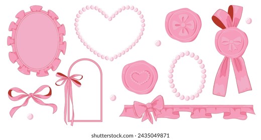 Vector Ilustración de perlas de cinta de arco y marco de la vendimia rosa y sello de cera conjunto. Cintas aisladas. Accesorios de moda para niñas. 